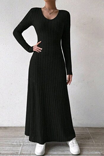 missamour Trend V-neck Thick Ribbed Women's Dress - Long Sleeve