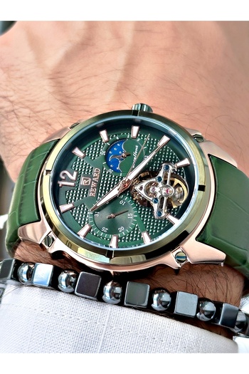 Reward Luxury Men's Wristwatch - Green Leather Cord, Steel Case, Mechanism + Bracelet Gift