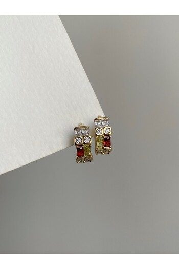 Owentis Steel Gold Full Stone Multicolored Lucian Hoop Earrings - Does Not Tarnish -