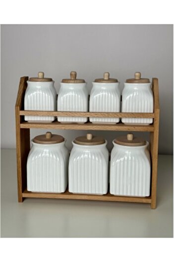 Pembelia Life 7-Piece Porcelain Spice Storage Jar Set with Wooden Stand Spice Rack Set