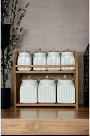 Pembelia Life 7-Piece Porcelain Spice Storage Jar Set with Wooden Stand Spice Rack Set