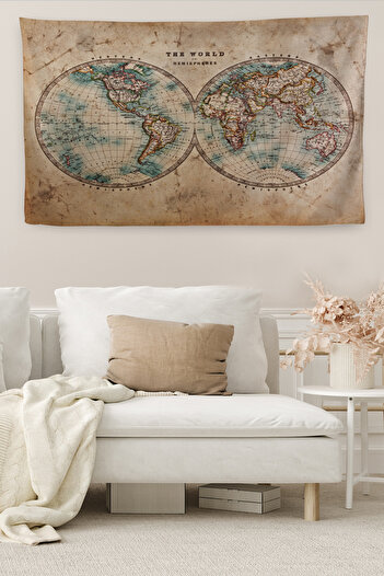 Dropcek eticaret Wintage World Map Patterned Quality Canvas Wall Carpet - 4059