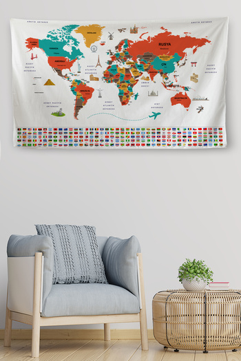 Dropcek eticaret Wall Cloth Flag Detailed Turkish Current World Map Canvas Wall Carpet-4048
