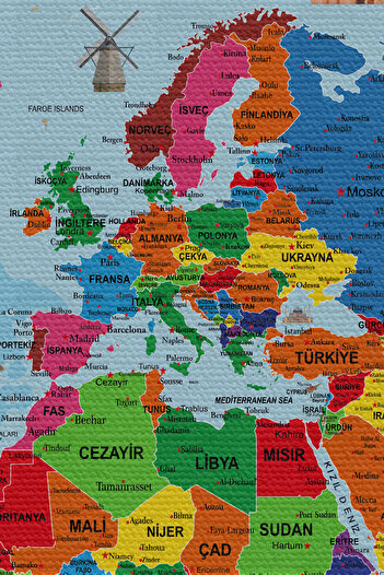 Dropcek eticaret Wall Covering / Carpet Detailed Current Turkish World Map Quality Canvas Fabric-3971
