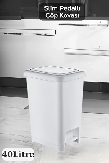 PONÇİK STORE White Bathroom Kitchen Trash Can with Pedal Black Lid Slim Pedal Trash Can 40 Liters