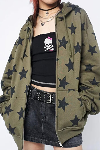 EFBUTİK Khaki Star Print - 2 Thread Raised Cardigan