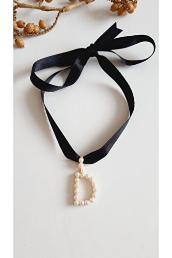 PETEK AKSESUAR Letter D Style Pearl Ribbon Choker Necklace
