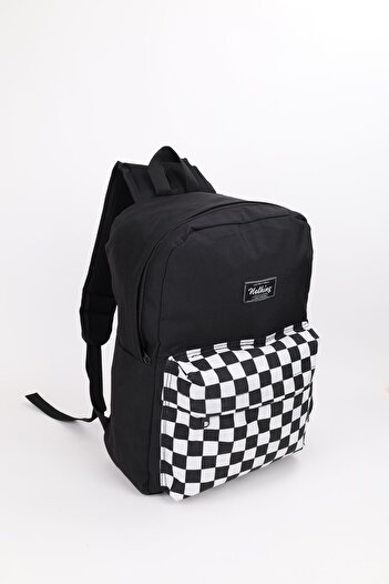 NOTHING Black and White Large Size Checkered Unisex School Backpack - with Pocket