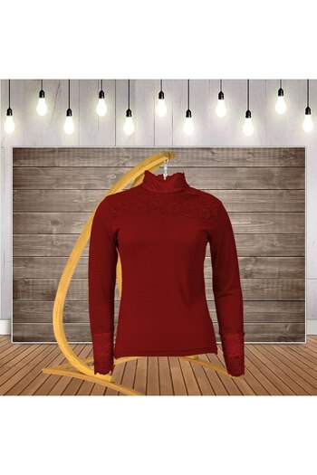 Serraa Long Sleeve Lace Lycra Turtleneck Badi Bodysuit
