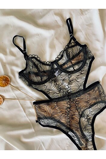 ROZENİN LINGERIE Μαύρο δαντέλα Brode Underwire Capless διαφανές κορμάκι