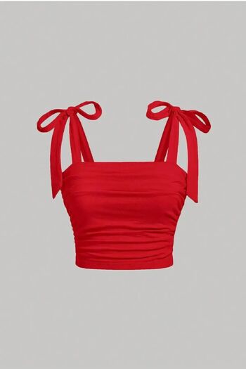 Edela Red Crop Blouse - Shoulder Tie, Bow, Thick Strap 5023