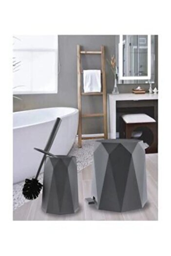 LeesHome Gray Bathroom Set of 2 Plastic 5 L Trash Can and Toilet Brush