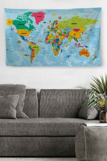 Dropcek eticaret Wall Cover Detailed Turkish Current World Map Canvas Wall Tapestry-4050