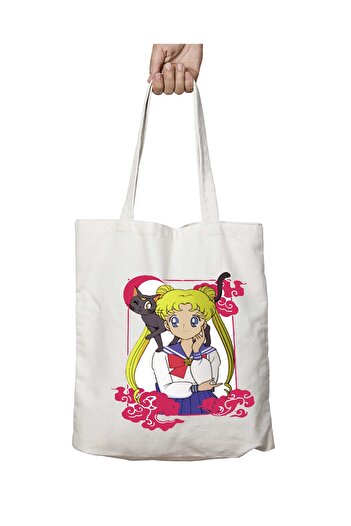 ART HEDİYE Sailor Moon και Cat μοτίβο δύο όψεων που πλένεται υφασμάτινη τσάντα ώμου - Κατάλληλο για σχολείο και παραλία