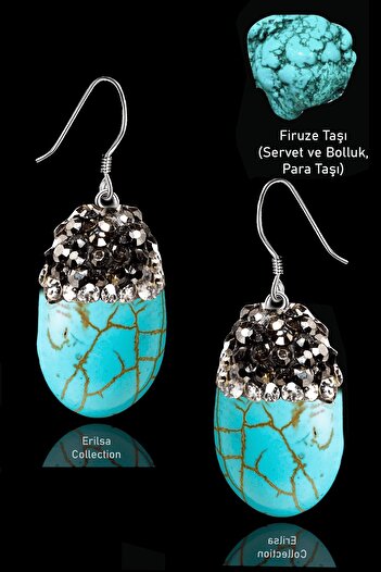 Tesbih Atölyesi Zircon and Turquoise Stone Oval Model Earrings - Certified (Turquoise Stone)