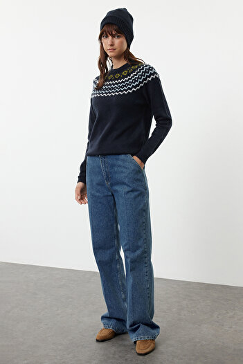 Trendyol Collection Ethnic Patterned Navy Blue Soft Textured Knitwear Sweater - Beanie TWOAW25KZ00216