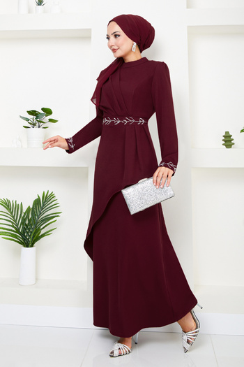 ModaMerve Burgundy Hijab Evening Dress - 4047ktr927, Embroidered Sleeves