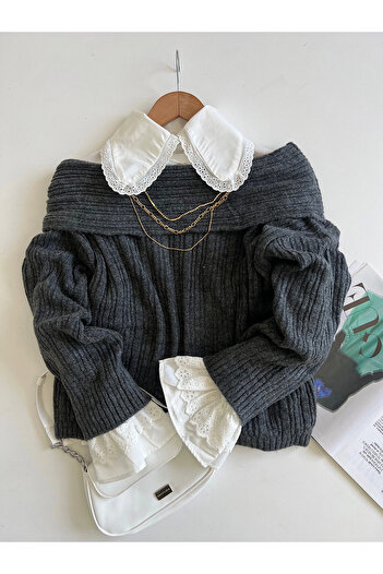 Hepsi Moda Madonna Yaka Fitilli Kazak - EC - 1179 - Antrasit