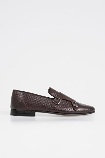 CZ London Genuine Leather Men's Patterned Loafer Shoes with Double Belt Detail
