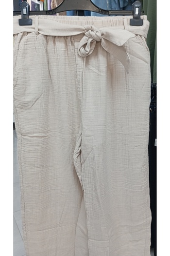 AKŞEN GİYİM Plus Size Muslin Cotton - Wide Leg Authentic Trousers with Double Pockets and Belted