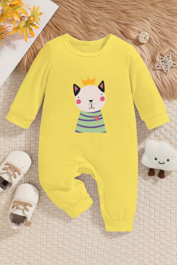 ADABEBEK New Season Little Cat Printed Baby Jumpsuit with Snap Fasteners at the Bottom - 22217