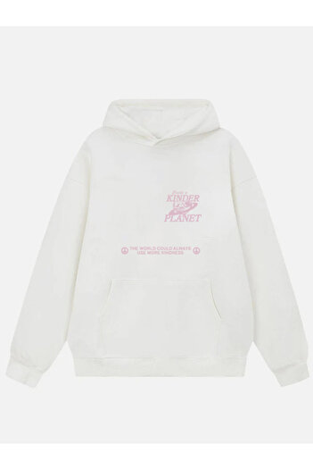 Mad&Calf Kadın Kinder Planet Baskılı Kapüşonlu Polarlı Oversize Sweatshirt