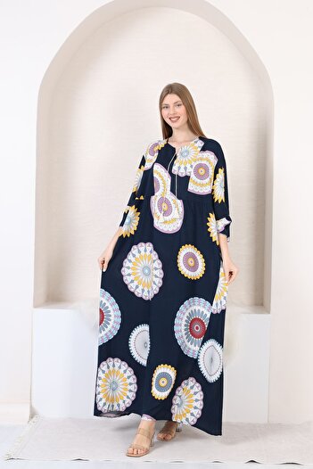 mervemoda Women's large size three quarter sleeve long woven dress