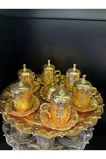 LeesHome 6 Kişilik Gold - Bakır Osmanlı Desenli Türk Kahvesi Fincan Takımı - Tepsi Lokumluk Fincan Seti