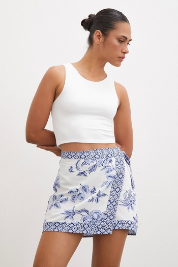 Never more Fusta mini cu model etnic albastru