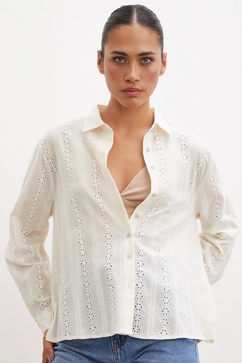 Never more Cream Color Scallop Embroidered Shirt