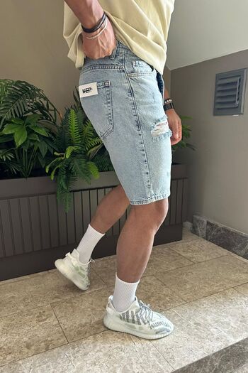 MADZEYMODA Ανδρικό τζιν σορτς με λεπτομέρεια με σκισίματα στο μπλε του πάγου
