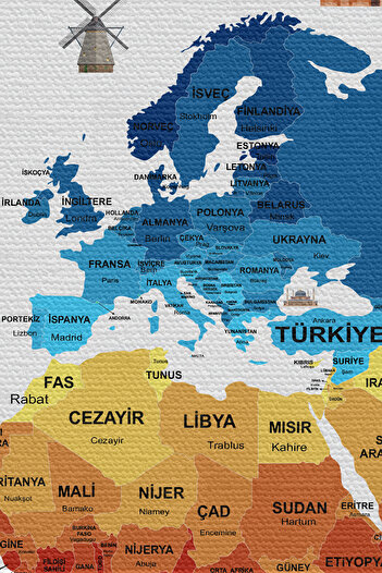 Dropcek eticaret Wall Cloth Flag Detailed Turkish Current World Map Canvas Wall Carpet-4047