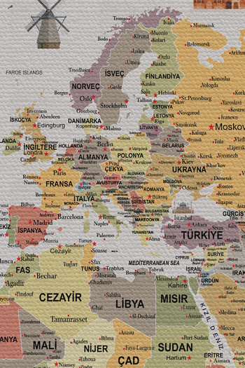 Dropcek eticaret Wall Cover / Carpet Detailed Turkish Current World Map Quality Canvas Fabric-3965