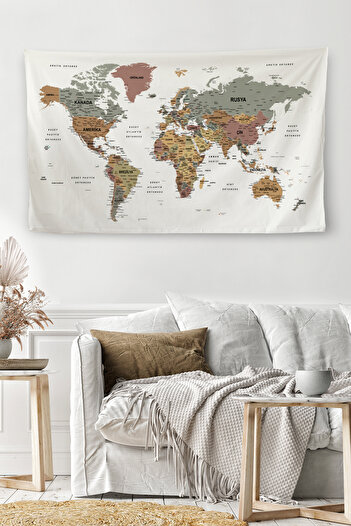 Dropcek eticaret Wall Cover / Carpet Detailed Turkish Current World Map Quality Canvas Fabric-3963