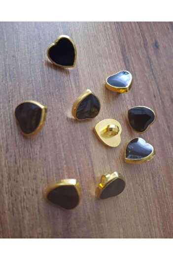 İMREN AKSESUAR Yellow Metallized and Black Enamel Heart Shaped 1.5 cm Button - 1 Pack of 10 Pieces