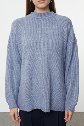 Trendyol Modest Pulover Tricotaj Indigo - Model de bază TCTAW25AK00049