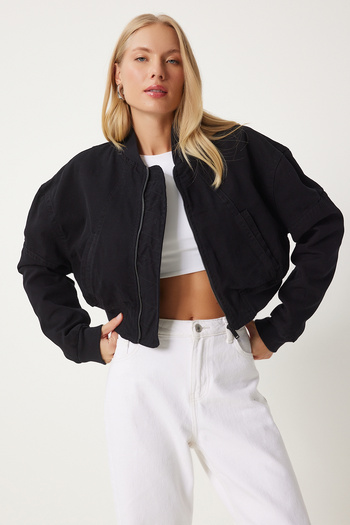 Happiness İstanbul Black Crop Bomber Women's Jacket - Kl00003