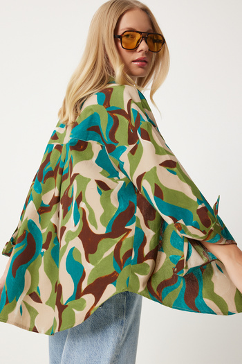 Happiness İstanbul Green Brown Patterned Women's Poplin Shirt - Hm00064