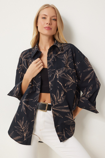 Happiness İstanbul Black Poplin Patterned Women's Shirt Hm00064