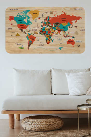Dropcek eticaret Wooden Look Turkish Educational Detailed Atlas World Map Wall Sticker-85x130-3867