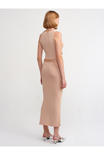 Dilvin 80110 Low-cut Jewelled Knitwear Skirt-beige