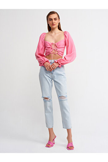Dilvin 50131 Balloon Sleeve Crop Top-φούξια