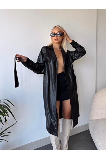 Esbersi Water Repellent Double Breasted Leather Trench Coat - Belted