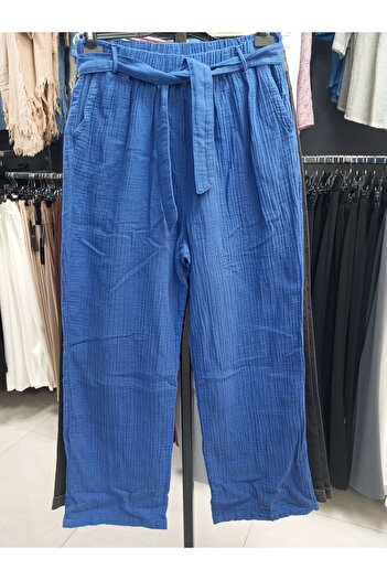 AKŞEN GİYİM Plus Size Muslin Cotton - Wide Leg Authentic Trousers with Double Pockets and Belted
