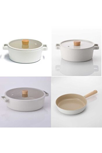 NEOFLAM Beige Fika Aluminum 7 Piece Cookware - Pan Set with Glass Lid