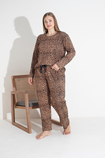 Siyah İnci Plus Size Leopard Patterned Cotton Pajama Set - Curve Oversize