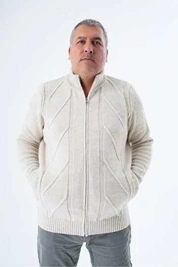 Trist Star Men's Beige Large Size Truck Collar Execution Zippered Pocket Knitwear Cardigan - Trist-2115