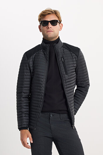 ALTINYILDIZ CLASSICS Black Quilted Pattern - Men's Puffer Jacket with Zippered Side Pockets, Stand Collar