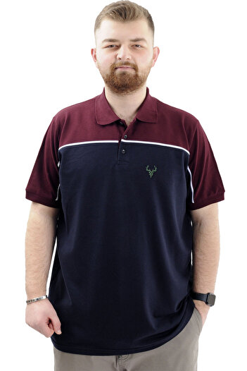 ModeXL Big Size Men's T-Shirt Polo Neck Color Block Deer U24324 Navy Blue