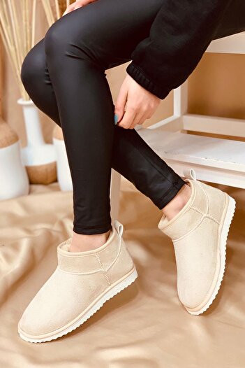 BOUIS Women's Daily Beige Fur Lined Suede Thick Sole Boots Durable Comfortable Short Warm Keeping Bootie